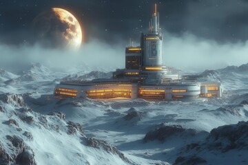 Fototapeta premium futuristic scientific station situated on the moon, showcasing advanced technology and architecture in a stark, otherworldly landscape, inviting curiosity and exploration of space innovation