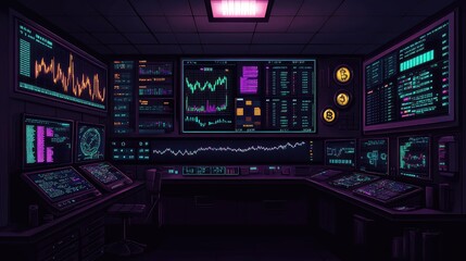 Obraz premium Futuristic Cyberpunk Trading Room with Data Visualizations