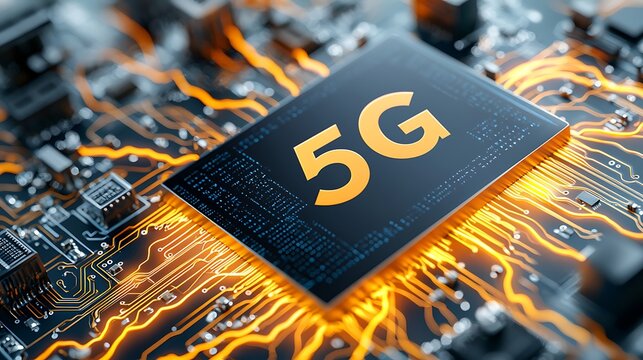 This visually stunning 5G chip image showcases the word "5G" overlaid on a dynamic orange lightning backdrop