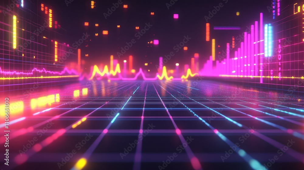 Poster vibrant colorful data visualization with dynamic graph and waves