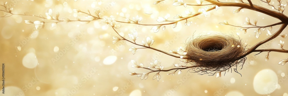 Aufkleber a serene image of a bird's nest on a branch with a soft, glowing background.