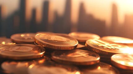Bitcoin Coins Sunset Cityscape