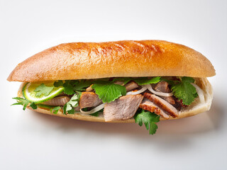 Vietnamese banh mi with pork on a white background