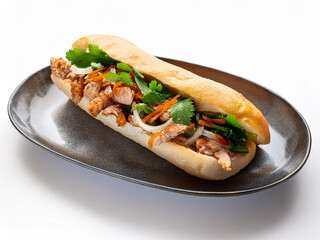 Vietnamese banh mi with pork on a white background