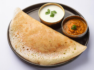 Indian dosa with chutney on a white background