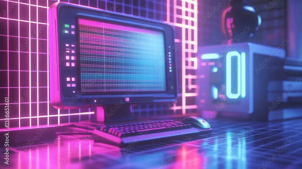 Aufkleber retro computer with neon lights and futuristic background
