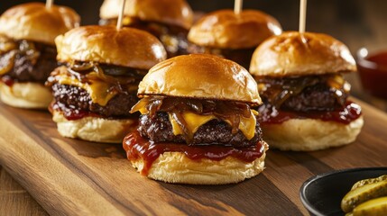A plate of gourmet sliders featuring mini beef patties, melted cheese, and caramelized onions