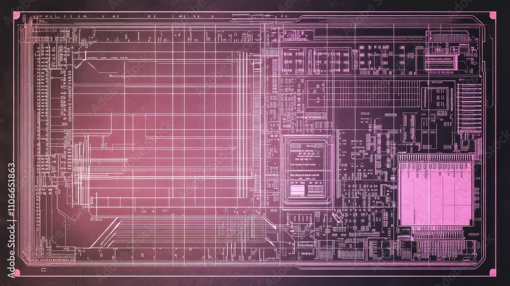 Poster pink circuit board design with technical blueprint elements