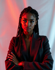 Stylish Young Black Woman in Business Attire with Braided Hair Looking Confident
