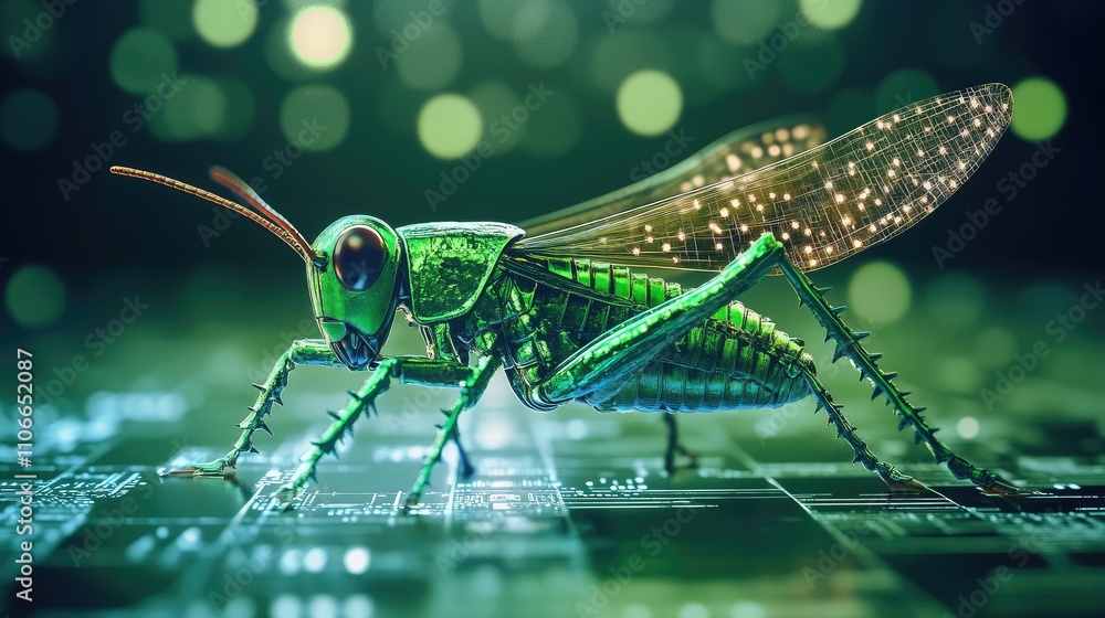 Poster futuristic grasshopper on circuit board with digital background