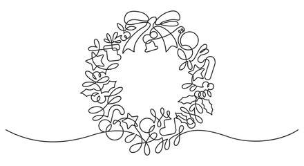 christmas wreath decoration hanging one line continuous drawing hand drawn © dhtgstockphoto