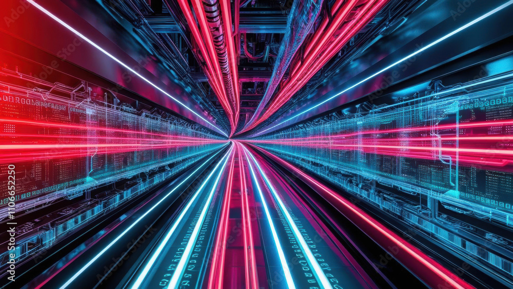 Poster optical highway with neon bandwidth flow, showcasing intricate data streams in cyber inspired aesthe