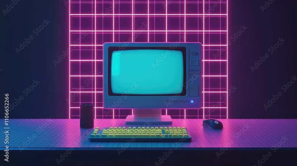 Poster retro computer setup with neon backdrop and vintage aesthetic