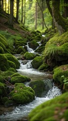 winding forest stream cutting through layers of mountains