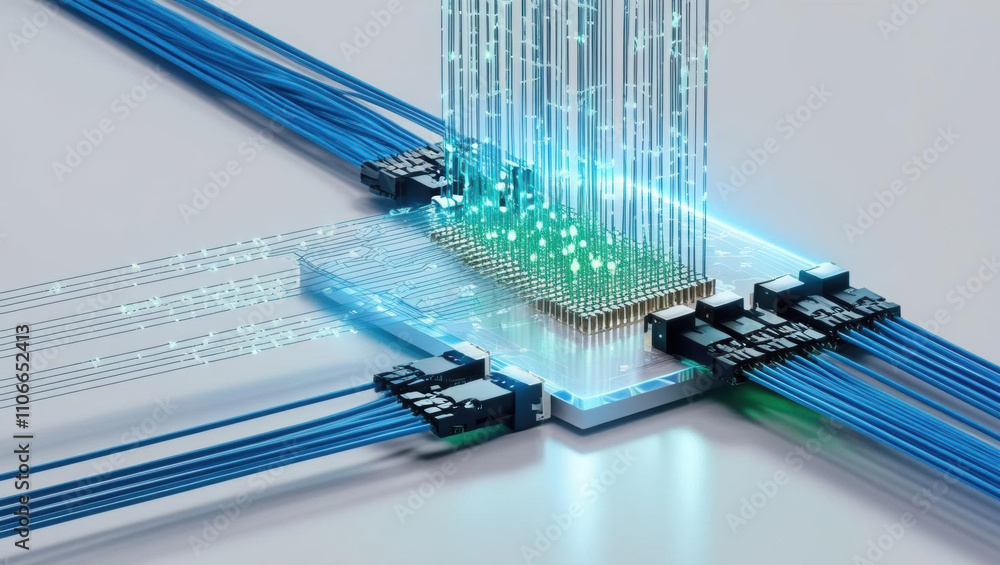 Poster innovative tech setup showcasing glowing light streams and signal pathways in fiber holographic conn