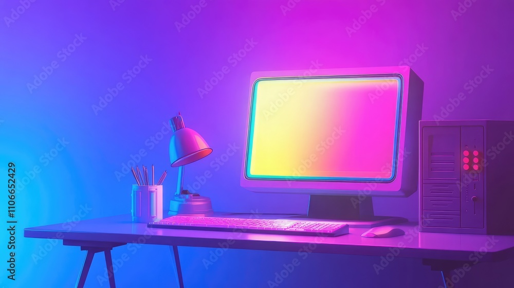 Poster modern workspace with colorful lighting and retro computer setup