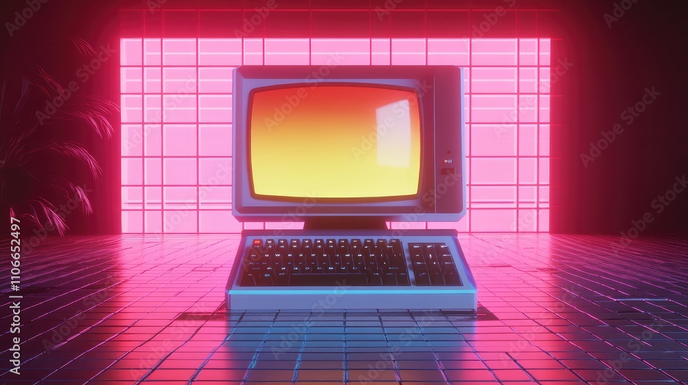 Poster retro computer with neon lights in futuristic digital environment