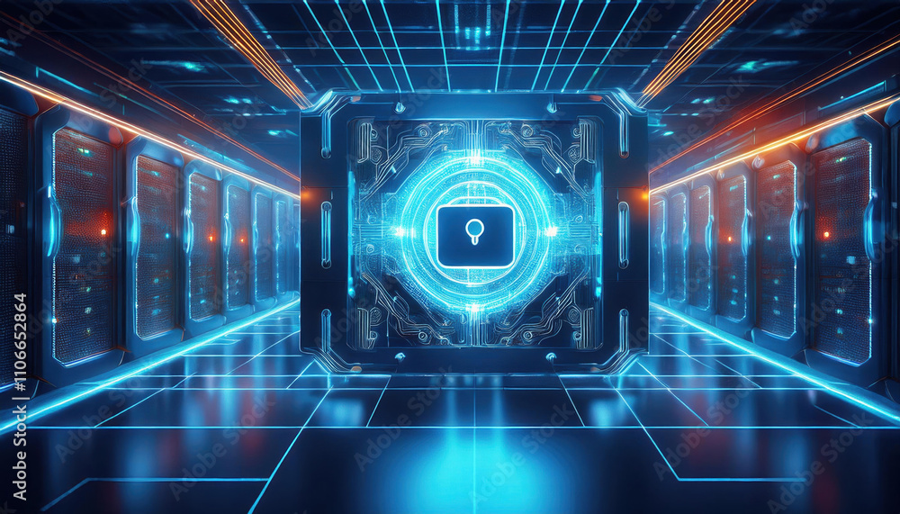 Poster futuristic cybersecurity vault with glowing data nodes and encrypted technology. ultra modern design