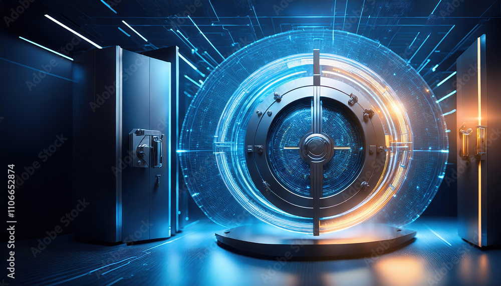 Poster futuristic data vault with holographic display, showcasing advanced encryption and cryptocurrency vi