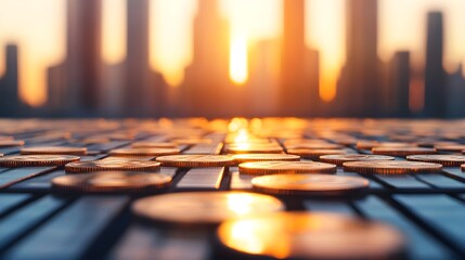 Obraz premium Coins Sunset Cityscape Finance
