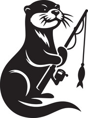 Otter holding a fishing rod black silhouette vector