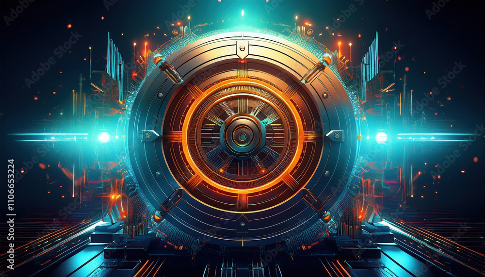Aufkleber glowing virtual vault with advanced blockchain defenses, showcasing seamless financial encryption an