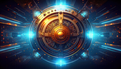 Fototapeta premium glowing vault with intricate designs symbolizes secure financial encryption and blockchain technology, showcasing seamless digital defenses
