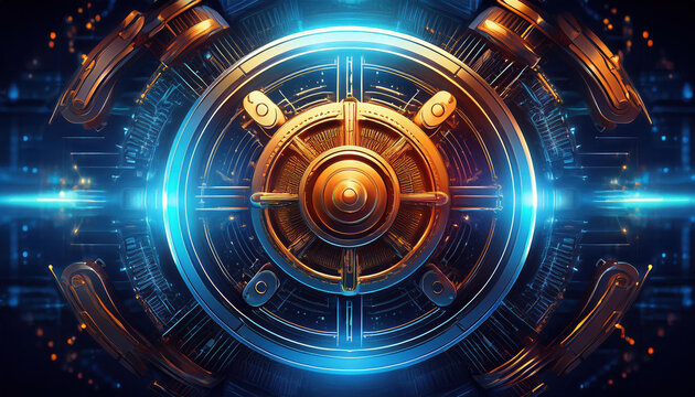 futuristic vault design featuring glowing blockchain defenses and seamless financial encryption. sleek cyber aesthetic combines vibrant blue and orange tones, evoking sense of advanced technology