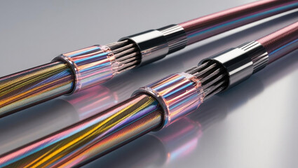 Futuristic data cable with iridescent optical pathways showcases advanced bandwidth transmission technology, glowing with vibrant colors and intricate design