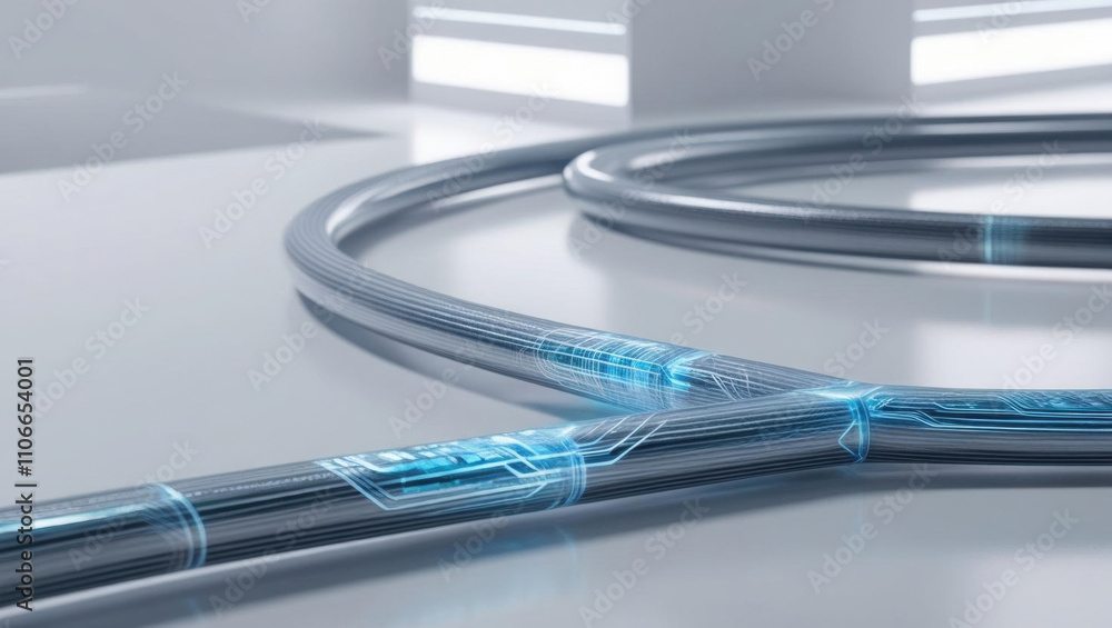 Poster holographic light cables showcase advanced bandwidth visualization in ultra futuristic tech setting,