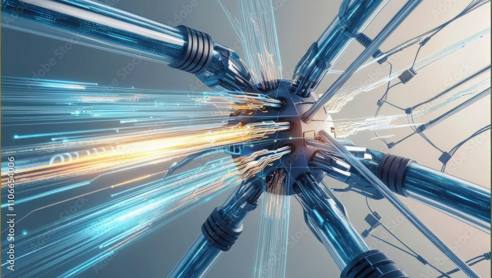 Poster holographic fiber network showcases radiant data flow and high speed connectivity, emphasizing digit