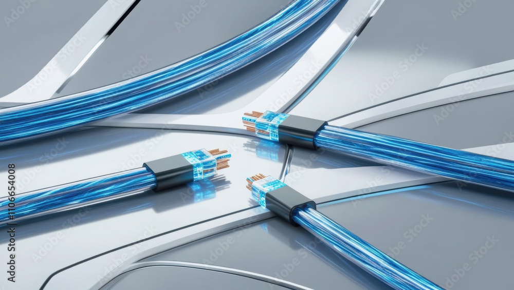 Poster holographic light cables showcase advanced bandwidth visualization in ultra futuristic tech setting,