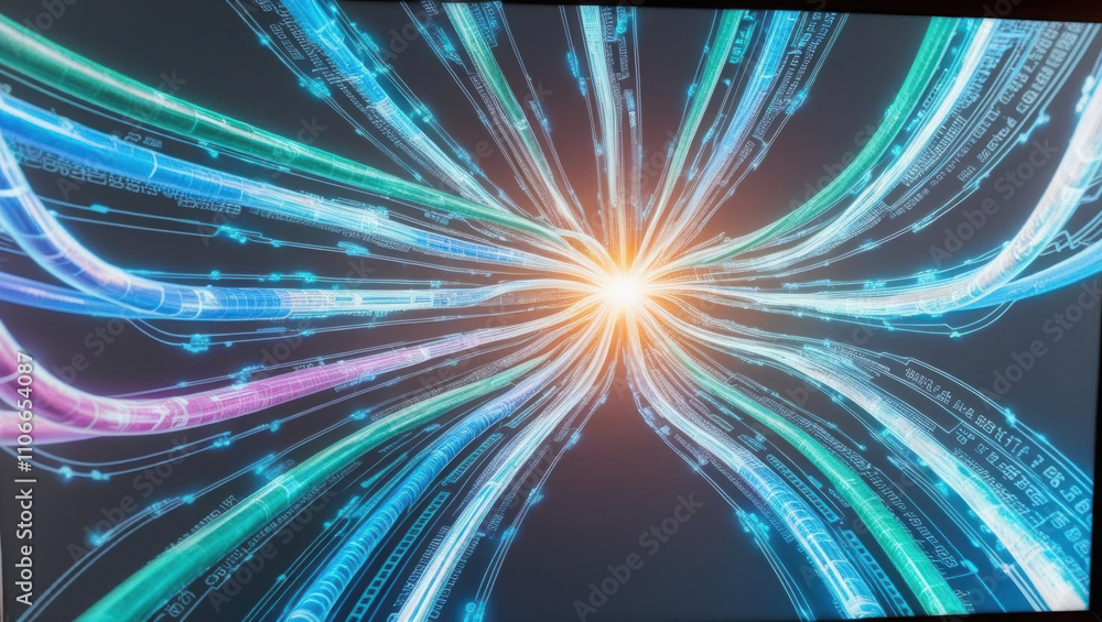 Poster illuminated data streams create vibrant, multi layered bandwidth visual, showcasing innovative holog