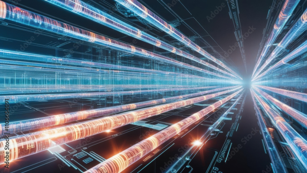 Poster illuminated data streams create dynamic visual of multi layered bandwidth, showcasing innovative hol