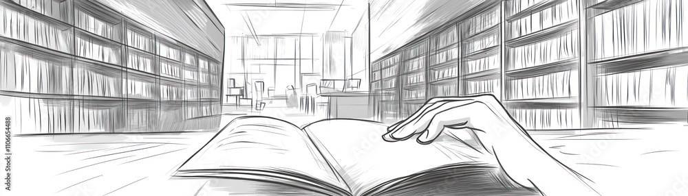 Poster an open book in a library setting, inviting readers to explore knowledge.