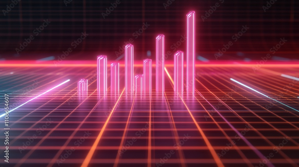 Poster neon bar graph on futuristic background with geometric patterns