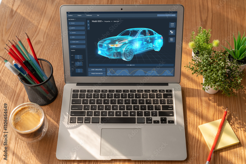 Poster electric car design software on computer screen showing simulation blueprint snugly by digital calcu
