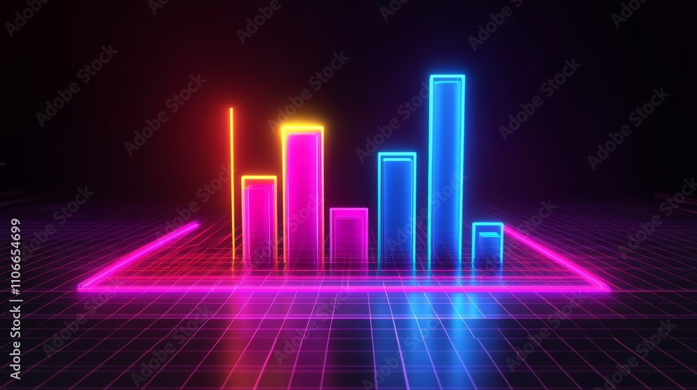 Poster neon glow bar graph on dark background with grid lines