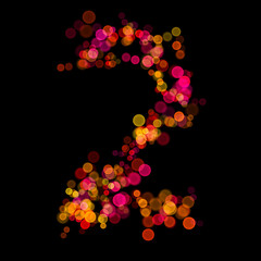 Number two (2) made with multicolored bokeh lights effect, Bokeh abstract isolated on black background, Blur, Glitter, Defocused, Seamless polka dot pattern, Creative, Illustration design