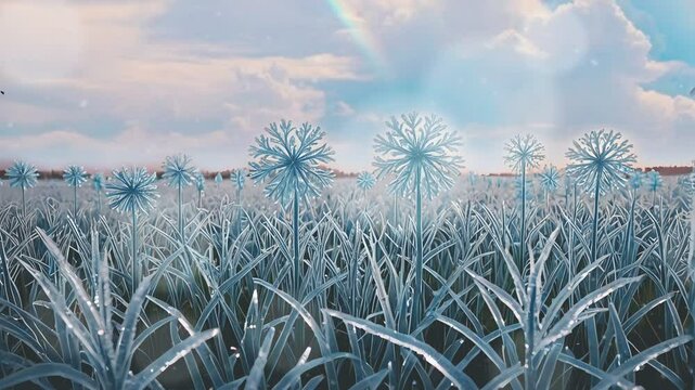 Frost-covered blue dandelions in a shimmering winter field at sunrise