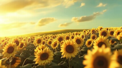 Fototapeta premium Vibrant Sunflower Field Under Golden Sunset Sky with Clouds