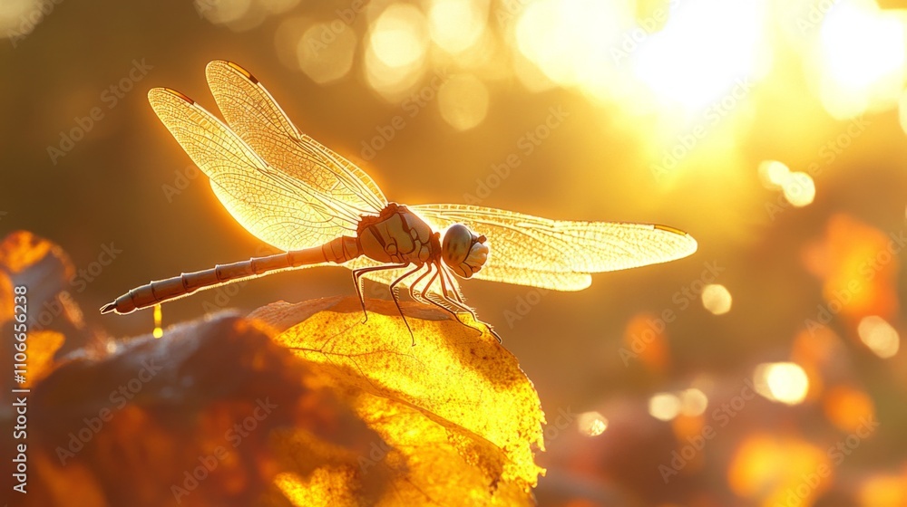 Aufkleber dragonfly at sunrise resting on leaf with glowing background light