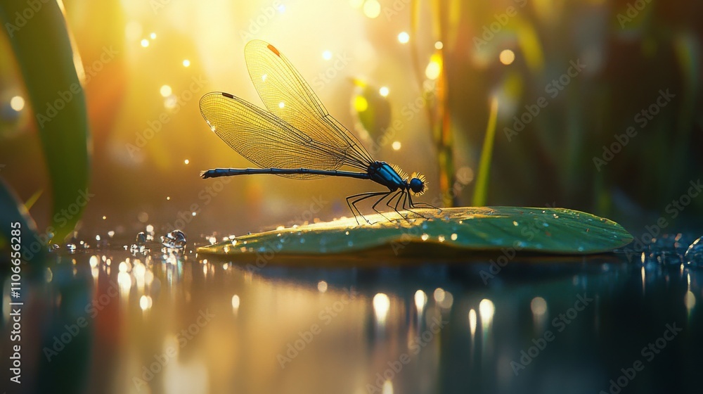 Poster Dragonfly resting on a leaf with soft sunlight background