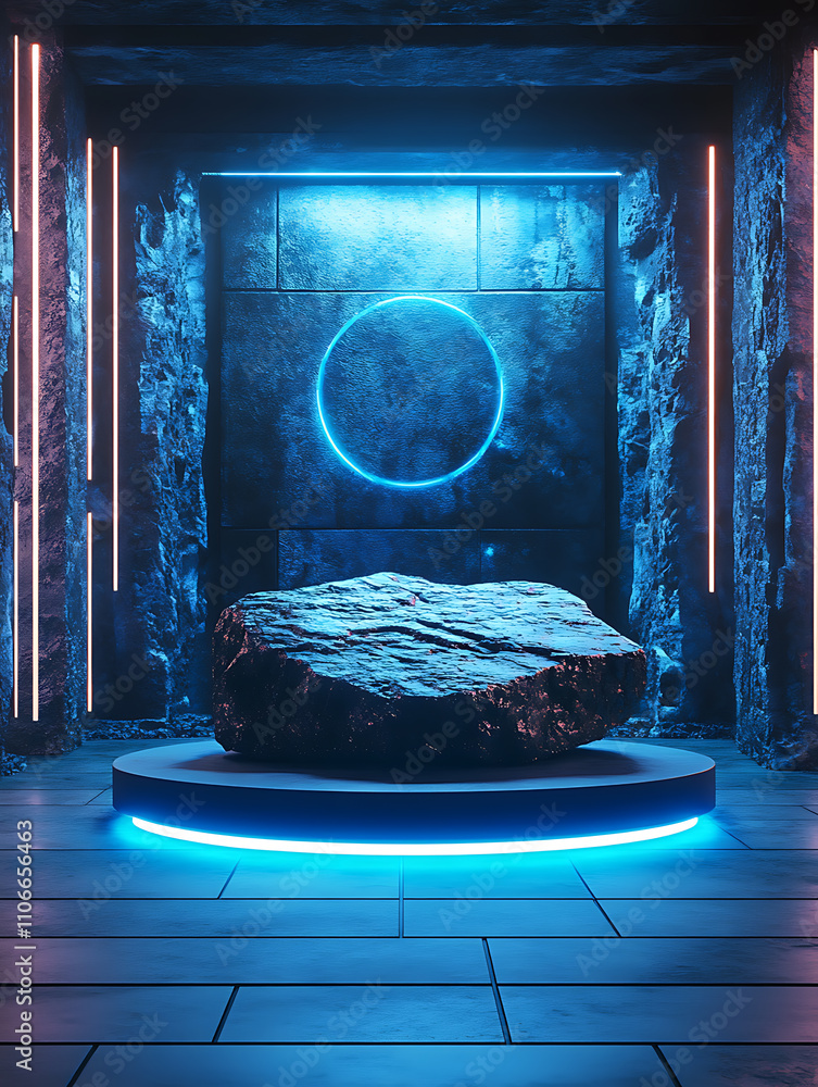 Poster futuristic platform action neon room digital art technology abstract view neutral vibes with platfor