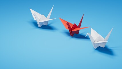 Different business concept.new ideas. paper art style. creative idea.leader swan concept, blue leader swan leading white swans.3D rendering on blue background.