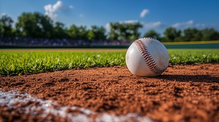 A pristine white baseball on the mound captures the spirit of America's pastime under a blue sky.