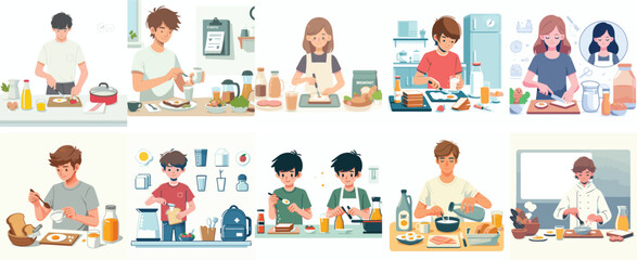 vector set of a teenager preparing breakfast in a simple flat design style