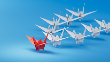 Different business concept.new ideas. paper art style. creative idea.leader swan concept, red paper swan leading among white.3D rendering on blue background.