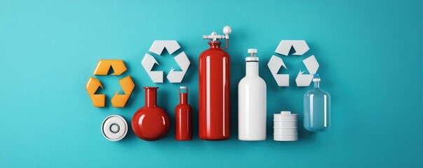 Obraz premium Chemical industry materials concept. A collection of colorful bottles and recycling symbols arranged on a vibrant blue background, highlighting the importance of recycling and sustainability.