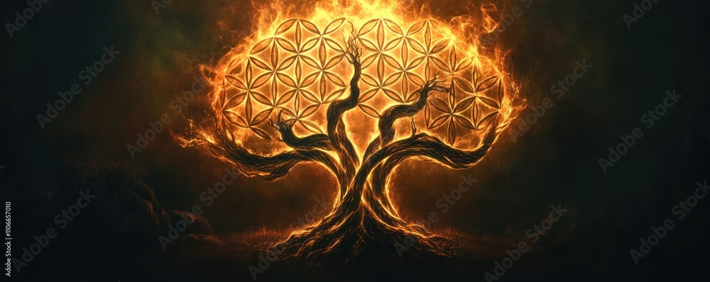 Aufkleber a fiery tree with a geometric pattern, symbolizing growth and interconnectedness.